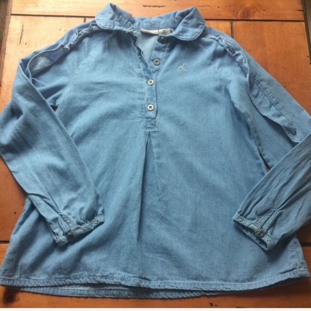 Calvin Klein Kids Chambray Popover Blue Top Long Sleeve Girl's Size 6x